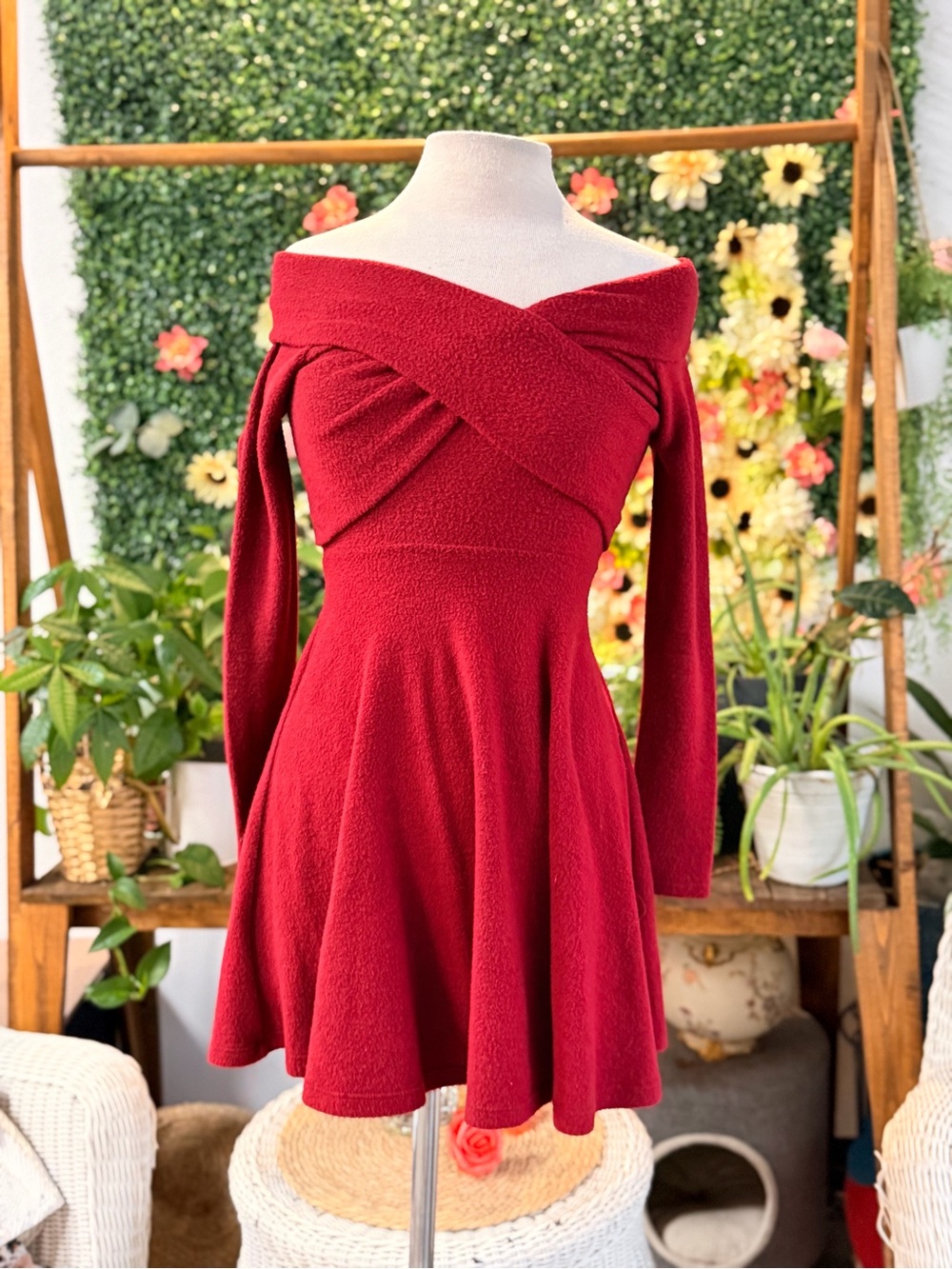 Altar'd State Red Off-Shoulder Long Sleeve Fit & Flare Dress